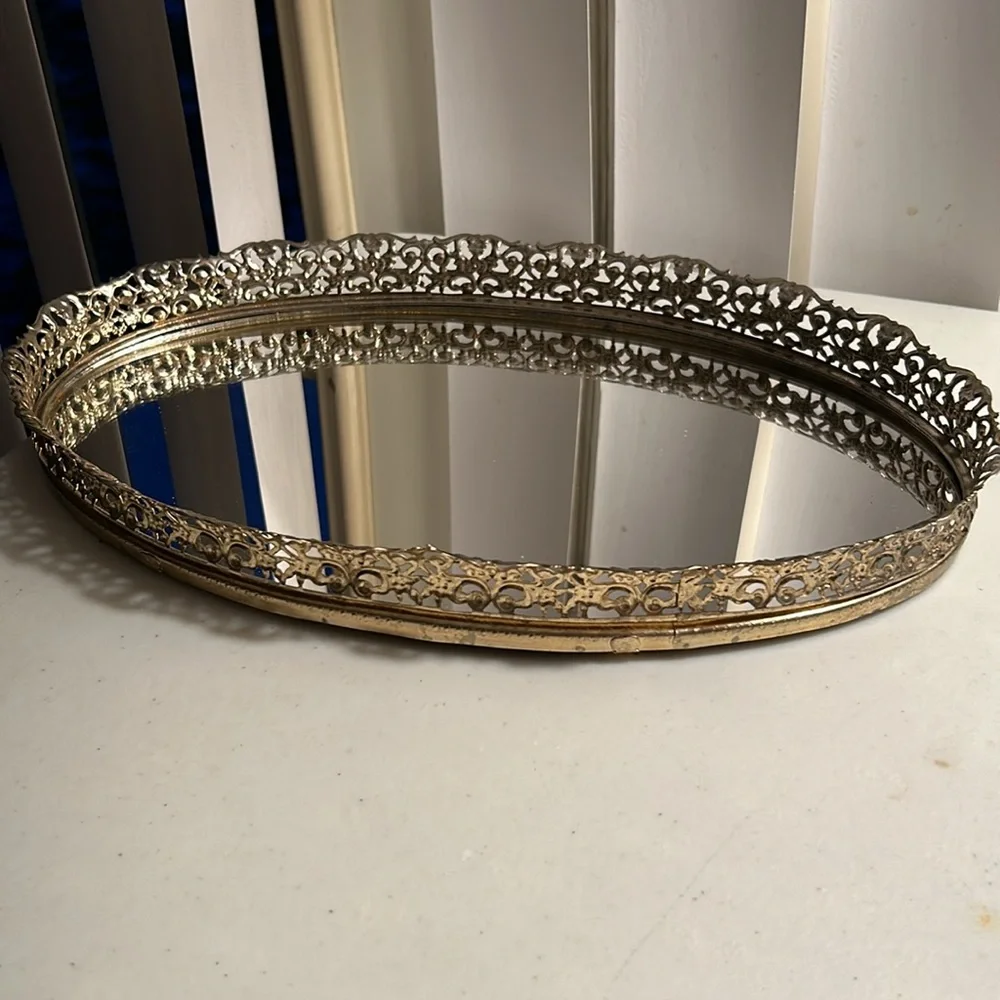 Vintage gold tone mirrored filigree vanity dresser mirror - tray